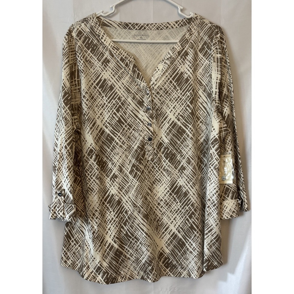 Studio Works Women's XL‎ 1/2 Button Pullover Vneck Roll Tab Sleeve Blouse NWT